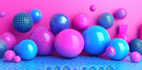 Poster - Colorful spheres of varying sizes and patterns are arranged in a group
