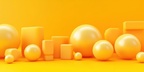 Poster - Various yellow three dimensional shapes and objects are displayed