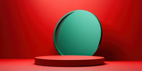 Poster - A red podium and a green circle against a red background