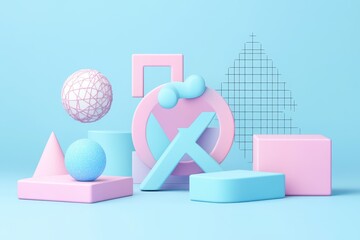 Poster - Colorful Abstract Geometric Shapes Displayed Against Blue Background