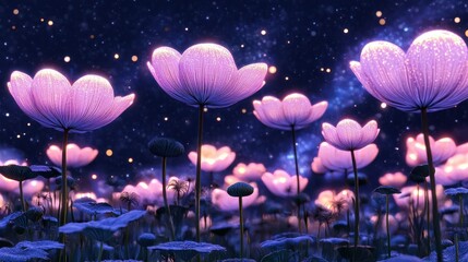 Poster - The luminous glowing flowers bloom under a starry night sky