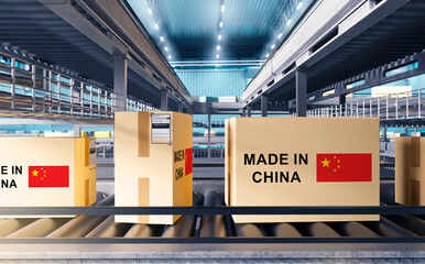 Poster - Made in China. Boxes on conveyor. Parcels with Chinese flag. Production line inside hangar. Products made in China. Packaging line in Chinese factory. Conveyor in industrial building. 3d image