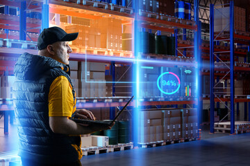 Poster - Man warehouse supervisor. Storage manager holding laptop. Man uses warehouse technology. Concept of using software to record goods for storage. Supervisor near shelves with boxes. Warehouse audit