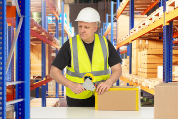 Poster - Man works as packer in warehouse. Guy with yellow vest among racks of boxes. Packer uses tape dispenser. Man warehouse worker packs package before delivery. Packaging specialist stands in hangar