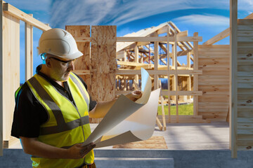 Poster - man architect. experienced builder reads blueprints. construction of wooden house. architect in yell