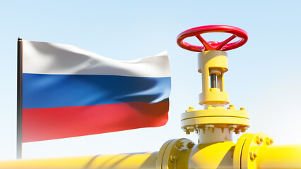 Poster - gas pipe with flag of russia. oil pipeline. russia banner on oil pipe. infrastructure for gas import