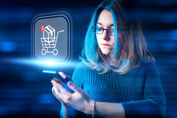 Poster - Business woman doing e-commerce. Basket with box symbolizes internet retail. Girl makes online purchases. Electronic retail symbol near businesswoman. Woman does online shopping through smartphone.