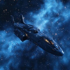 Poster - A spacecraft travels through space surrounded by cosmic nebula and stars