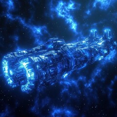 Poster - A large futuristic spaceship is navigating through the deep cosmic space