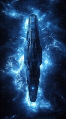 Poster - A large futuristic spaceship is positioned in deep outer space