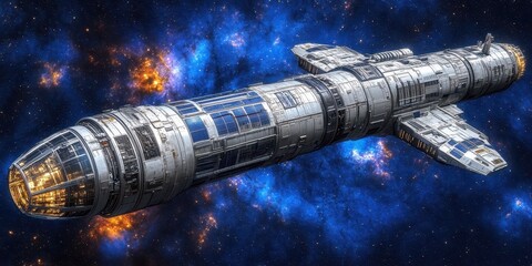 Poster - A sleek metallic spaceship floats through the colorful expansive galaxy