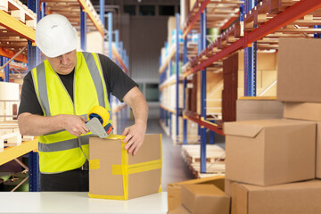 Poster - Man packer of fulfillment warehouse. Storekeeper uses tape dispenser. Guy packs boxes before shipping. Packer stands among warehouse racks. Workers man with yellow iron seal parcels with tape