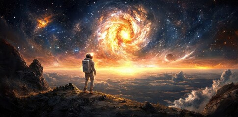 Wall Mural - astronaut watches a swirling galaxy and nebulous celestial expanse beyond
