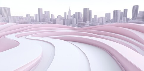 Poster - Abstract image featuring layered waves leading to a distant cityscape