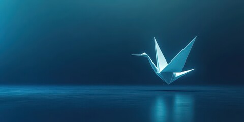 Poster - A stylized illuminated origami crane in a blue environment is shown