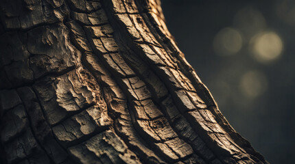 Close-up of tree bark showing the unique texture and details illuminated by sunlight, creating a play of light and shadow.