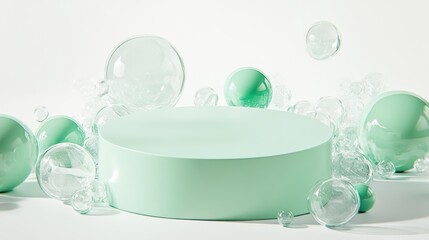 Mint green pedestal with transparent bubbles, product display, minimal background