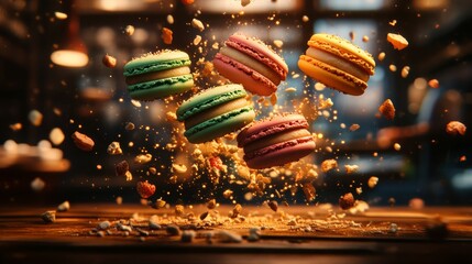 Poster - Close up of a table with a bunch of macarons flying through the air