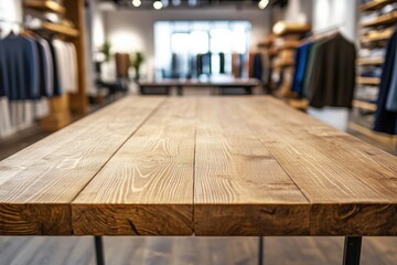Poster - Modern boutique showcasing wooden table in a stylish clothing store with tailored garments displayed on racks