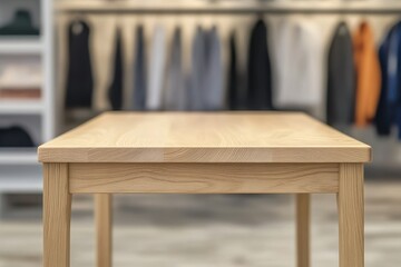 Poster - Wooden table in clothing store showcasing minimalistic design and modern fashion items