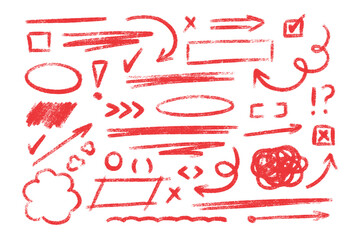 Poster - Red chalk hand drawn design elements - sketchy arrows, lines, circles, brushstrokes. Freehand doodle shapes with pencil or crayon textures for highlighting and emphasis. Rough underlines and borders.
