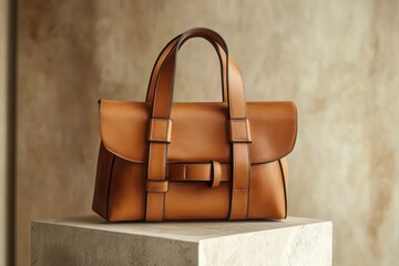 Poster - Stylish leather handbag displayed on a pedestal, showcasing craftsmanship and design elegance in natural light