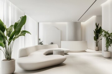 Aufkleber - Contemporary interior design featuring minimalist white furniture and lush greenery in a serene reception area
