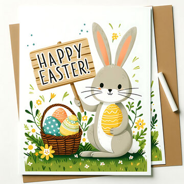Happy Easter greeting card with long ears rabbit holding signboard and a basket full of colored eggs, Decorated eggs, spring flowers and eater bunnies, Happy Easter holiday,,created with generative ai