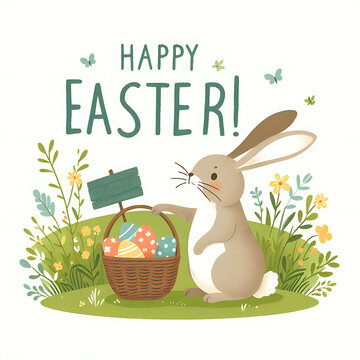 Happy Easter greeting card with long ears rabbit holding signboard and a basket full of colored eggs, Decorated eggs, spring flowers and eater bunnies, Happy Easter holiday,,created with generative ai