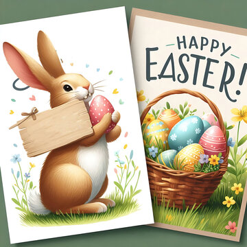 Happy Easter greeting card with long ears rabbit holding signboard and a basket full of colored eggs, Decorated eggs, spring flowers and eater bunnies, Happy Easter holiday,,created with generative ai