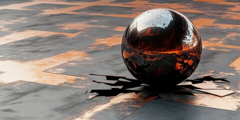 Poster - A reflective orb on broken surface with rusty color accents