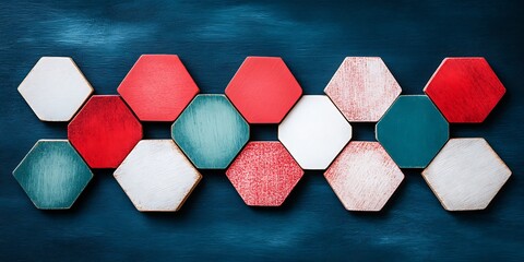 Poster - Geometric arrangement: Painted wooden hexagons on blue textured backdrop