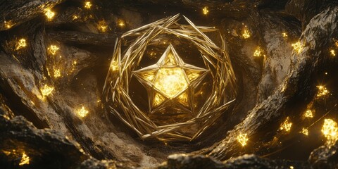 Poster - A glowing golden crystal star inside a rocky cavern setting