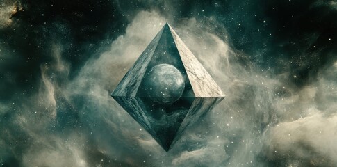 Poster - Geometric diamond shape contains sphere against starry nebula backdrop display