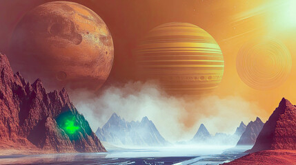 Poster - Exploring the breathtaking landscapes of Mars and distant planets under a cosmic sky