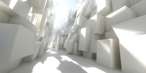Poster - A bright white corridor composed of geometric three dimensional blocks