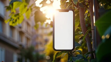 Poster - Smartphone With Blank Screen in Outdoor Urban Setting During Sunset Generative AI