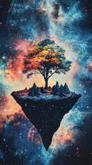 Wall Mural - A lone tree growing upon a floating island within the cosmos