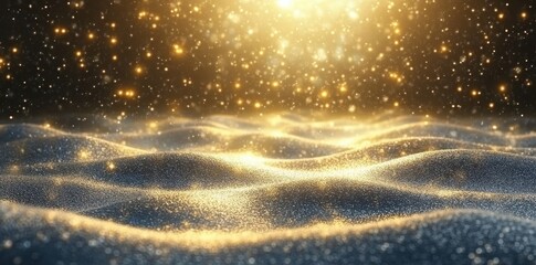 Poster - Sparkling golden particles falling above a flowing landscape scene