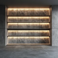 Poster - A contemporary room with shelves and illuminated wall features