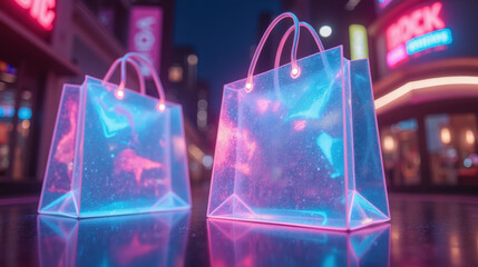 Poster - Translucent shopping bags glow in vibrant neon colors on city street, creating lively atmosphere
