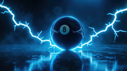 Poster - glowing eight ball surrounded by electric blue lightning on reflective surface creates dynamic and energetic atmosphere