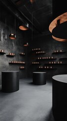 Poster - A dark modern interior with hanging lights and shelves of objects