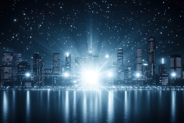 Poster - A Night City Scene With Starry Sky Reflection On Water