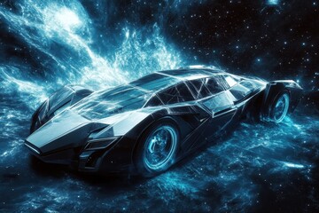 Poster - A Futuristic Car Traveling Through Cosmic Nebula and Outer Space