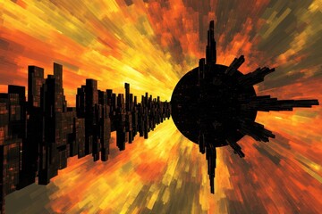 Poster - A dark abstract city facing a radiant fiery sphere