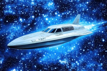 Poster - A sleek futuristic spacecraft travels across a vast starry cosmic expanse