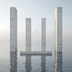 Poster - Four concrete pillars emerge from the water in a serene setting