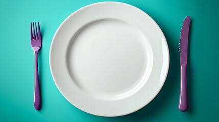 Poster - White plate with a fork and knife on it. The plate is empty and the utensils are purple