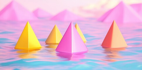 Poster - Colorful geometric pyramids floating in an abstract surreal water scene